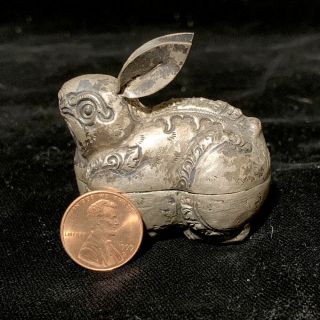 Old Southeast Asian silver repoussé bunny rabbit betel/lime container. 2