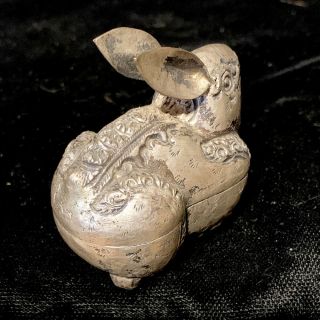 Old Southeast Asian silver repoussé bunny rabbit betel/lime container. 3