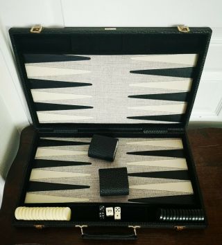 Ancien Vintage Très Belle Mallette Coffret Backgammon En Cuir Noir Valise Voyage