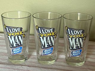 3 Vintage I Love You Man Bud Light Beer Pint Glasses 1990s Drinkware Budweiser
