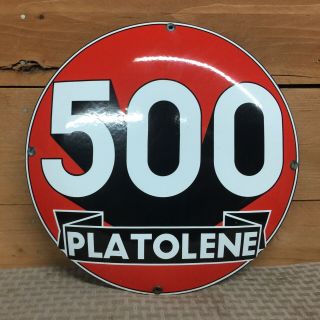 Vintage Platolene 500 Racing Fuel Gas & Oil Dome Porcelain Pump Plate Sign
