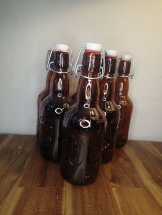 6 Vintage Grolsch Beer Brew Bottles Amber Brown Glass Porcelain Flip Swing Top