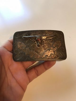 Texas Longhorn Mexico Sterling Silver.  925 Belt Buckle With Gold Overlay Signed