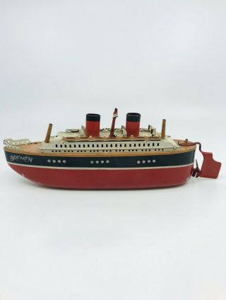 Vintage Tin Bremen German Steam Ship Boat Ocean Liner Germany Wind Up Toy Bing