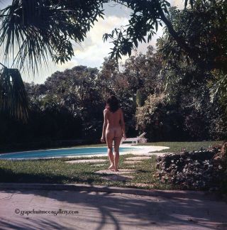 Vintage Bunny Yeager Color Camera Transparency Nude Cheeky Model Poolside Oasis