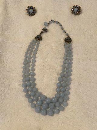 Vintage Miriam Haskell Baby Blue Triple Strand Necklace And Earrings Set