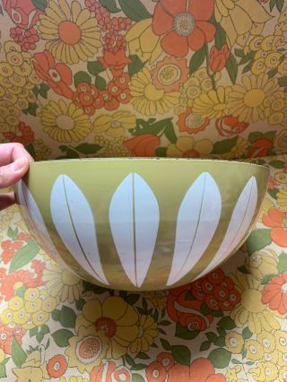 Vintage Cathrineholm Enamelware Lotus Bowl 11” Olive Green And White