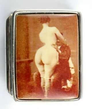 Victorian Style Hand Painted Enamel Erotic Lady Pill Box 925 Silver