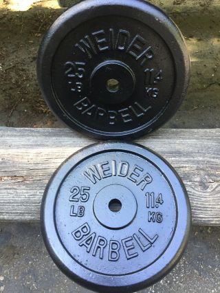 2 Vintage Weider 25 Lb Barbell Weight Plates Standard 1 " Hole 50 Pounds Total