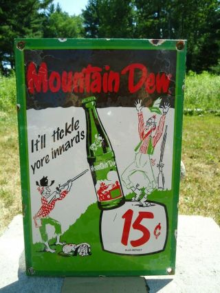 Old Vintage Hillbilly Mountain Dew 15 Cents Porcelain Advertising Sign Soda Pop