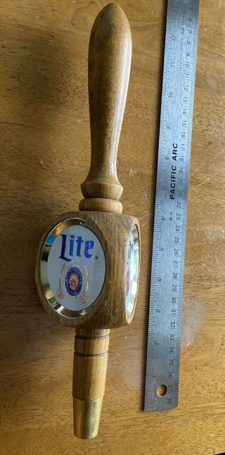 Vintage Miller Lite A Fine Pilsner Beer 3 Sided Tap Handle Oak Wood Knob