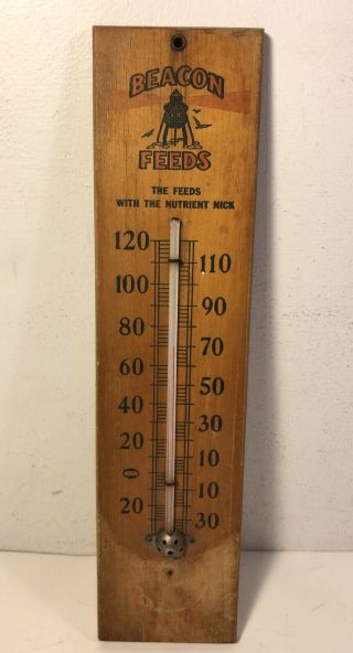 Vintage Beacon Feeds Wood Advertising Thermometer Sign