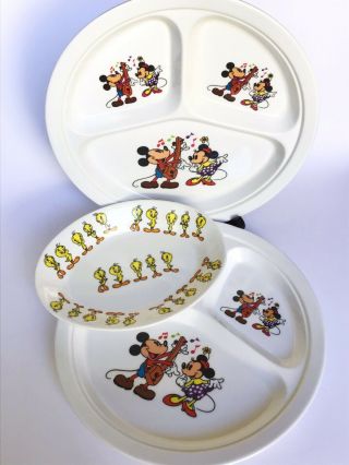 Vintage Mickey Mouse And Tweety Bird Melamine Plates