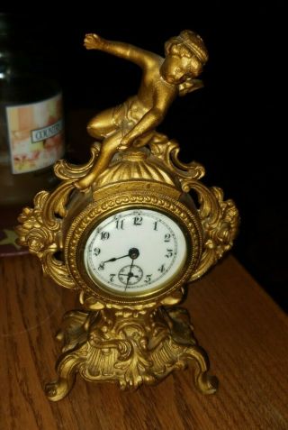 Antique 1891 Rococo Victorian Gold Gilt Cherub 7 " Clock Figural Shelf Clock