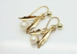 Delicate Vintage 9ct Yellow Gold Cultured Pearl Dangle Drop Earrings