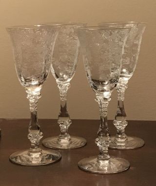 Vtg Set Of 4 Cambridge " Rose Point " Pattern Clear Crystal 6 " Wine Glasses 3121