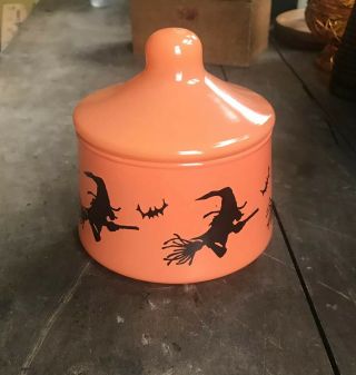 Htf Vintage Indiana Glass Co.  Halloween Witches Covered Candy Dish Orange Lid