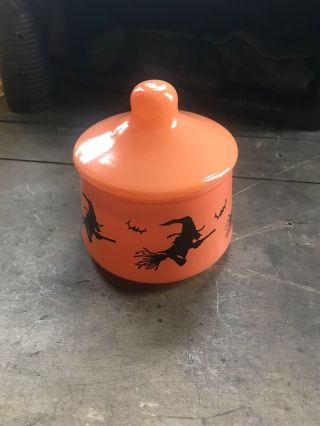 HTF Vintage Indiana Glass Co.  Halloween Witches Covered Candy Dish Orange Lid 2