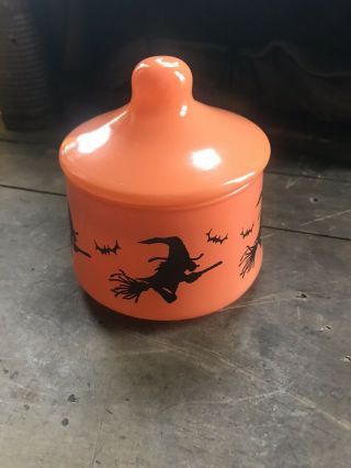 HTF Vintage Indiana Glass Co.  Halloween Witches Covered Candy Dish Orange Lid 3
