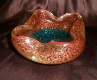 Vintage Murano Italy Cased Art Glass Dish Pink & Turquoise W Gold Aventurine
