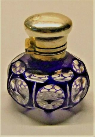 Antique Silver Blue/clear Overlay Glass Scent Bottle.  No Marks.  Tests Silver