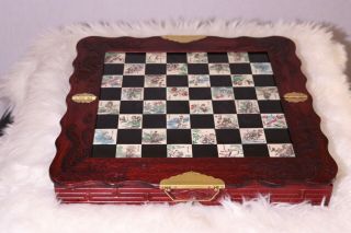 Vintage 8 Fairies Chinese Folding Wood Case Chess Set Brass Handles -