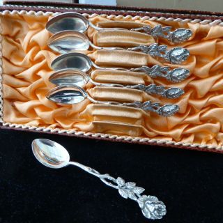 Vintage Boxed 6 German 835 Silver Coffee Spoons Decorative Cast Floral Stems