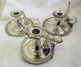 Three Old Sheffield Silver Plated Chamber Sticks / Candlesticks