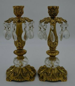 Vintage L&l Wmc? Set Of 2 Brass & Crystal Candle Holders W/ 10 Crystal Prisms 5
