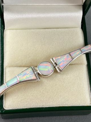Vintage Sterling Silver Taxco 950 Fire Opal White Bracelet Panel Shiny Rainbow