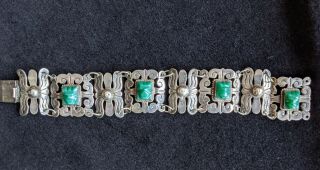 Vintage Mexican Sterling Silver And Jadeite Aztec Head Bracelet