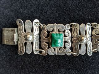 Vintage Mexican sterling Silver And Jadeite Aztec Head Bracelet 2