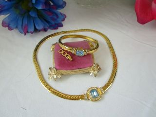 Vintage Christian Dior Blue Clear Crystal Gold Plated Necklace Bracelet Wow