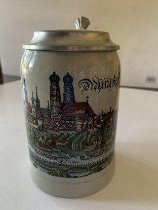 German Vintage Bmw Lidded Beer Stein / Tankard / Mug - Munich Scene - Pottery