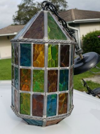 Vintage Heavy Hanging Swag Stained Glass Leaded Lamp Light Mid Century Modern
