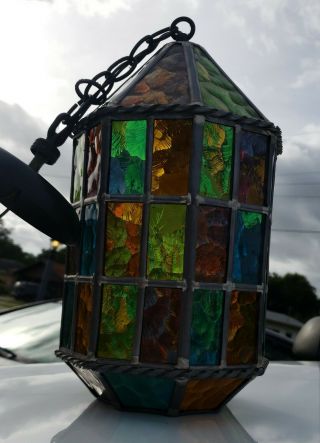 Vintage Heavy Hanging Swag Stained Glass Leaded Lamp Light Mid Century Modern 2