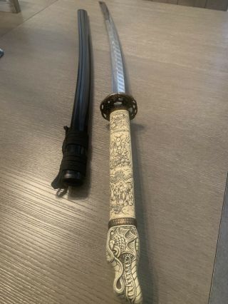 Vintage Rare 45 " Japanese Samurai Sword,  Carved Handle With Scabbard.