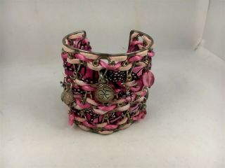 Vtg Pineda Covalin Pink Silk Wrapped Sterling 925 Wide Cuff Bracelet W Charms