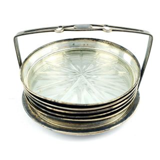 Vintage Set Of 5 Art Deco Sterling Silver & Cut Glass Coasters W/ Caddy