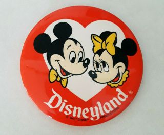 Vtg Minnie & Mickey Mouse in Heart Disneyland Pin Back Disney Button Large 3.  5 