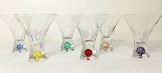 Vintage Set Of 6 Clear With Different Colored Bubble Stem Martini Glasses
