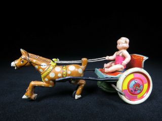 Vintage Prewar Japan Tin Wind - Up Horse Cart