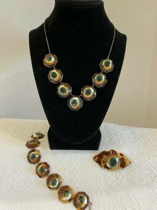Vintage Operculum Jewelry Parure,  Necklace,  Bracelet,  Brooch Set