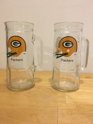Vintage Fisher Nuts Green Bay Packer Clear Glass Mugs - Set Of Two (2)