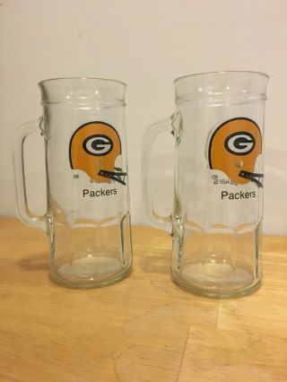 Vintage Fisher Nuts Green Bay Packer Clear Glass Mugs - Set of Two (2) 2