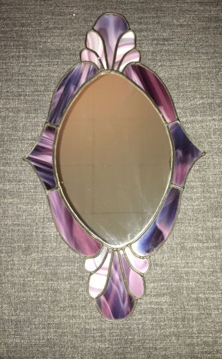 Vintage Leaded Stained Glass Mirror Hand Crafted Blue Purple Gray 21.  5” X 12”