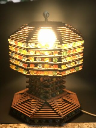 Vintage Art Deco Tramp Art Unique Handmade Marble Popsicle Beaded Lamp
