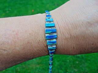 Vintage Taxco Mexico Sterling Silver 950 Blue Green Teal Opal Bracelet 8 Inch
