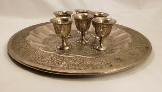 Vintage Silver Plate Etched Holy Communion/ Bar Chalice And Tray Set Z.  Y.  India