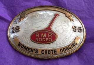 Vtg Huge 1995 R.  M.  R.  Rodeo Womens Chute Dogging Johnson Held Trophy Belt Buckle